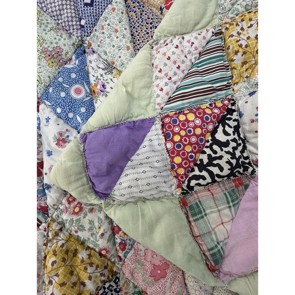 Vintage Handmade Patchwork Quilt Floral Feedsack Style Diamond Scrap Pastel - Picture 4 of 11